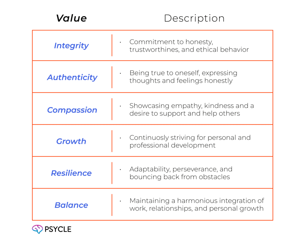 Graphic showing values and their description.