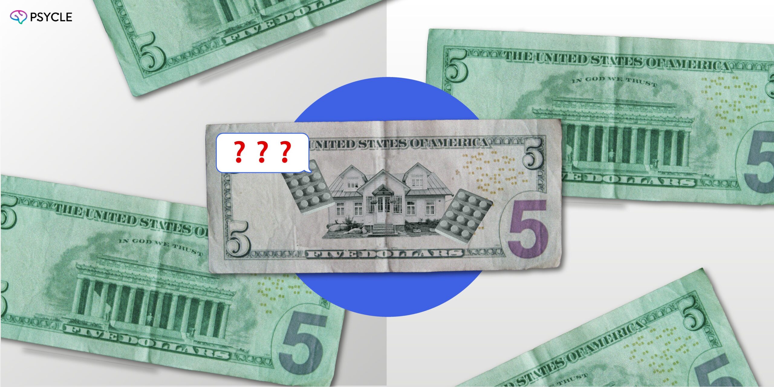 Bunch of 5 dollar bills. One has ketamine pills and a house printed on it.