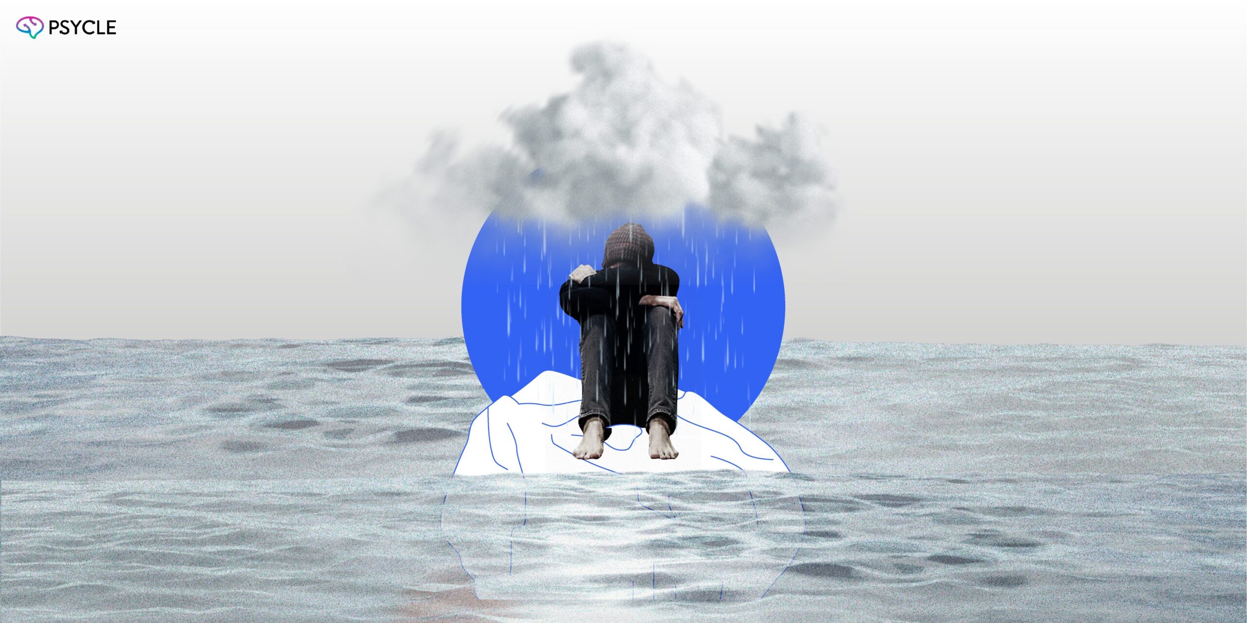 Lonely man crying floating on a piece of ice with a rainy cloud above him.