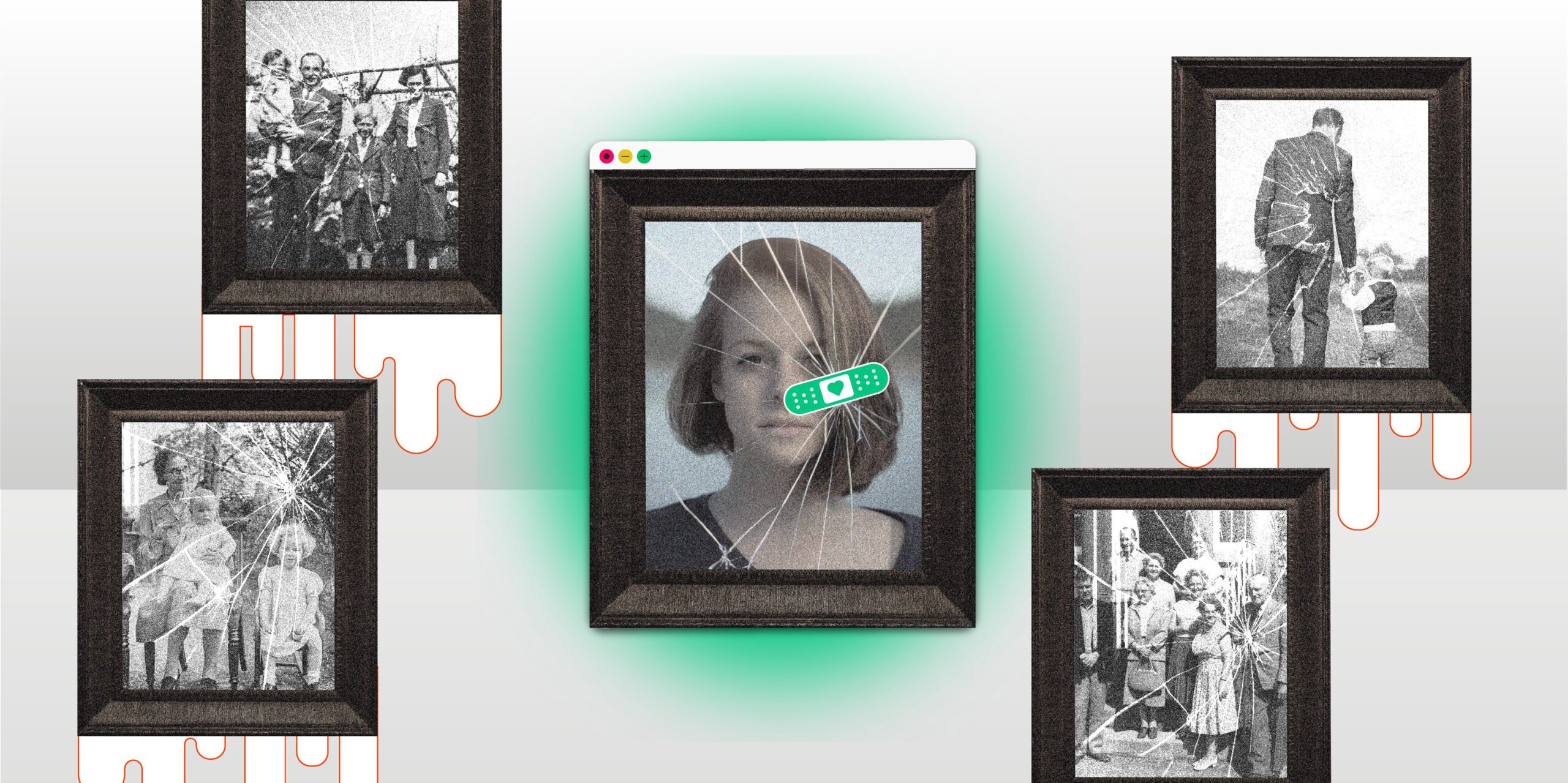 Various pictures hanging from a wall. They are all cracked and one has a green bandaid.