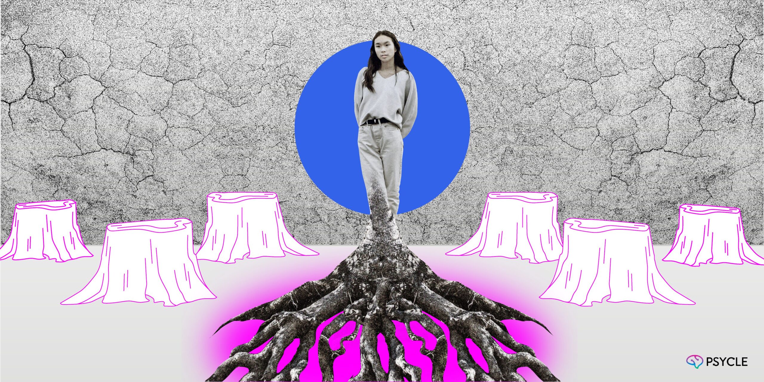 Woman with roots coming off her feet.