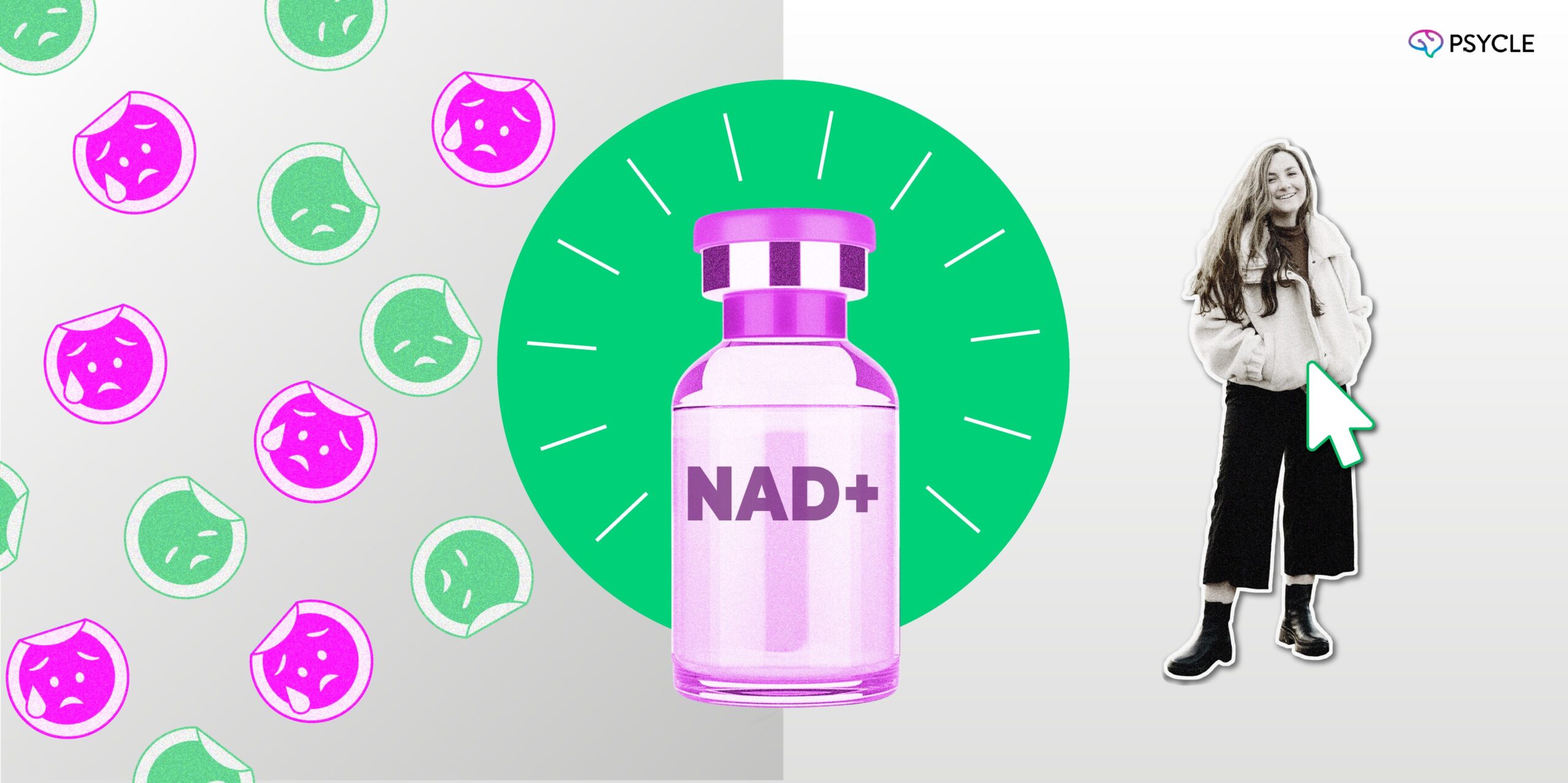 Bottle of NAD+ next to stickers of faces and a woman.