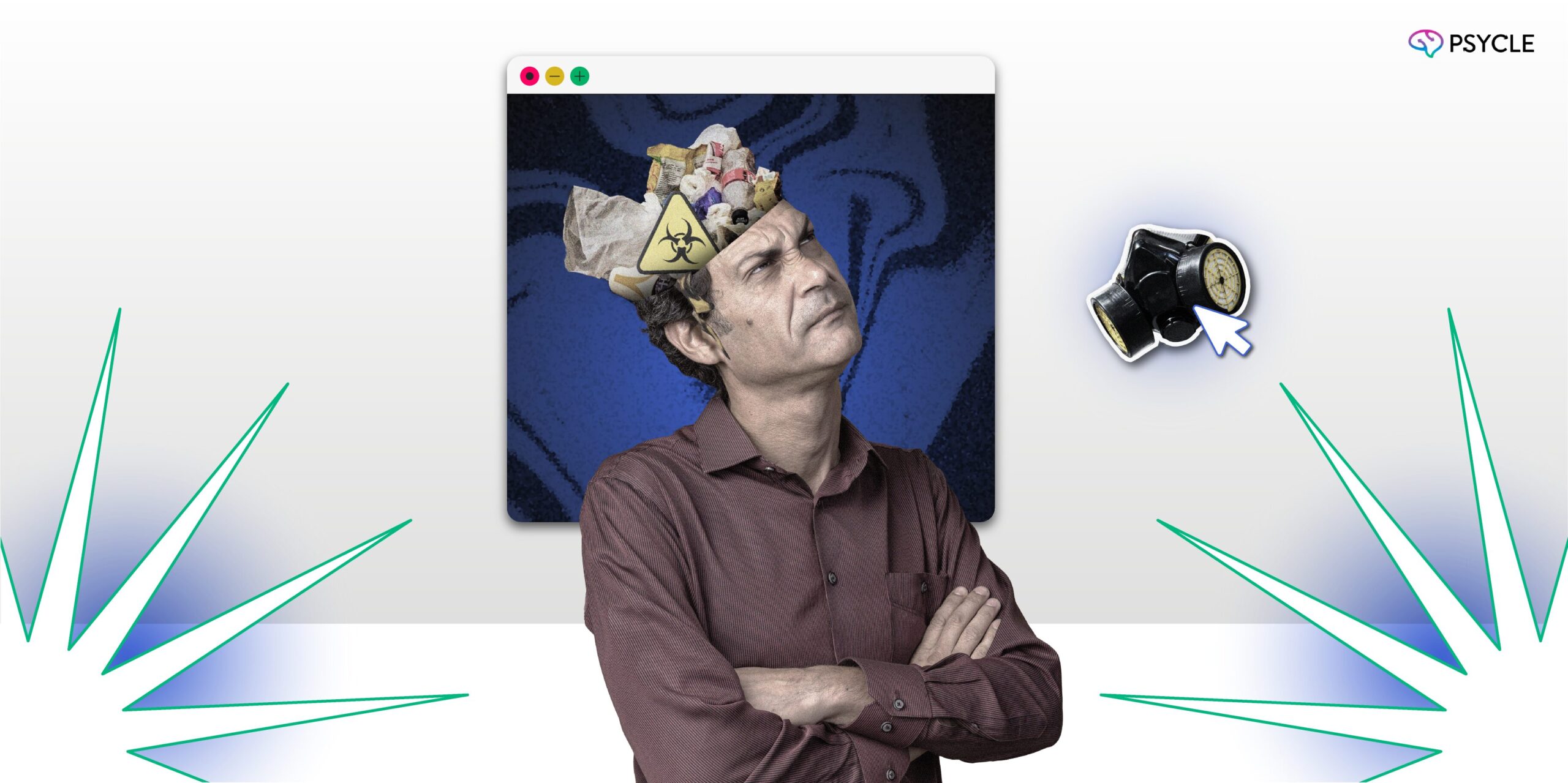 Angry man with various objects in his head