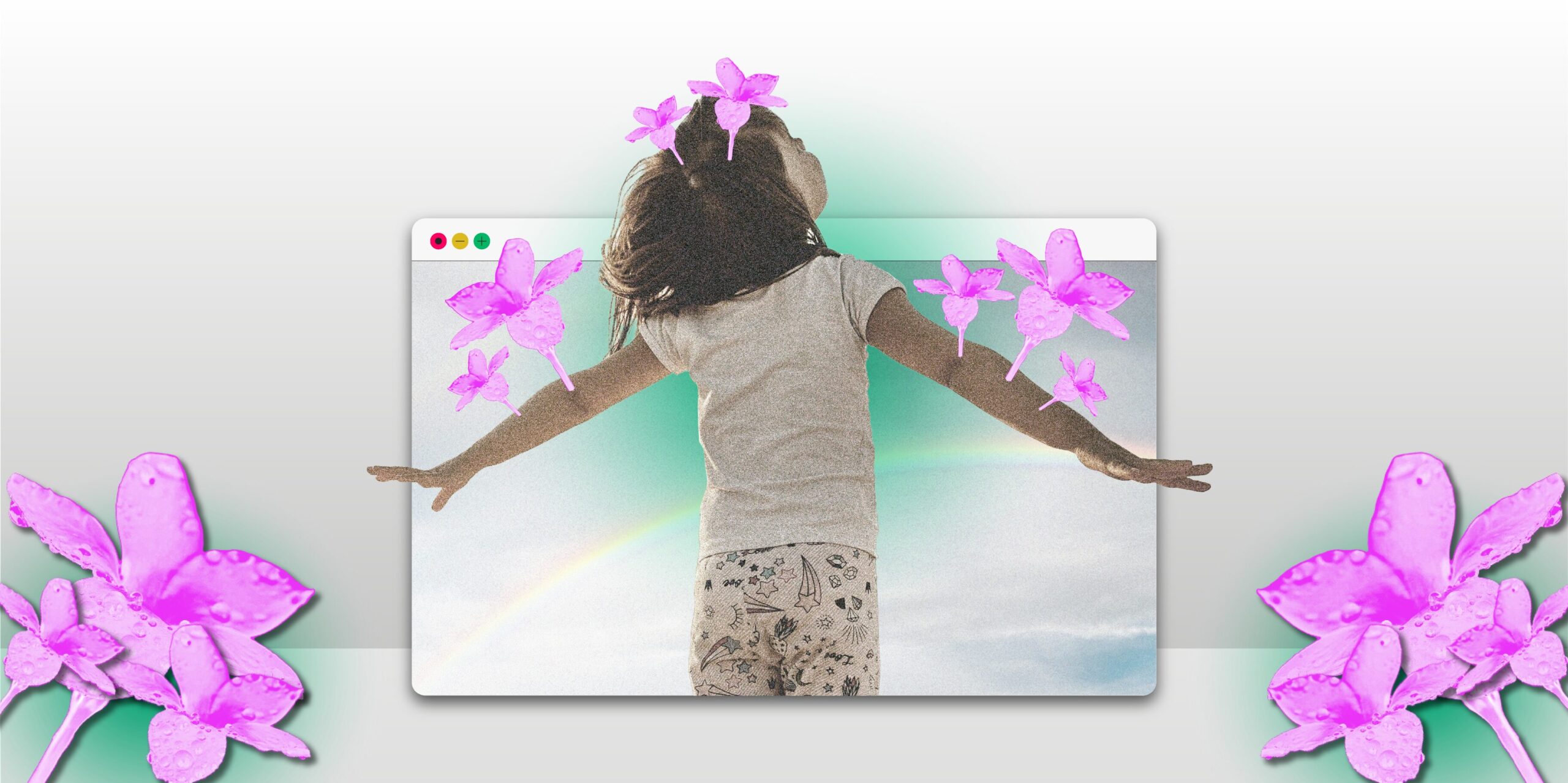 Girl with pink flowers growing off her.