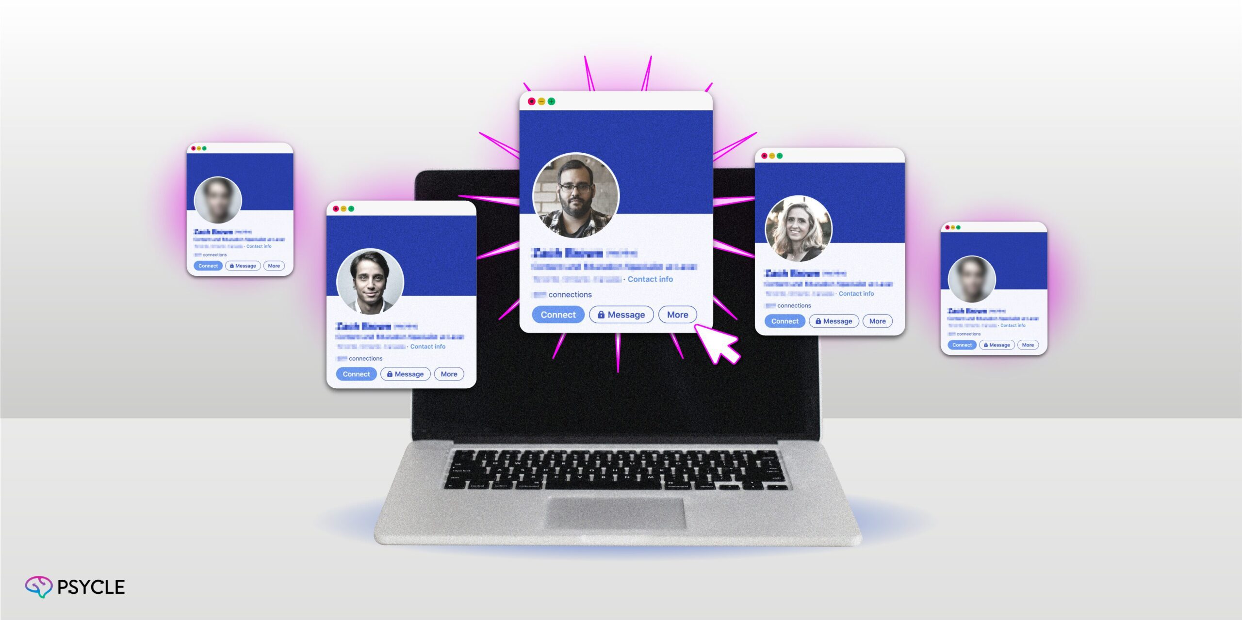 Laptop with social media profiles floating in front of it.