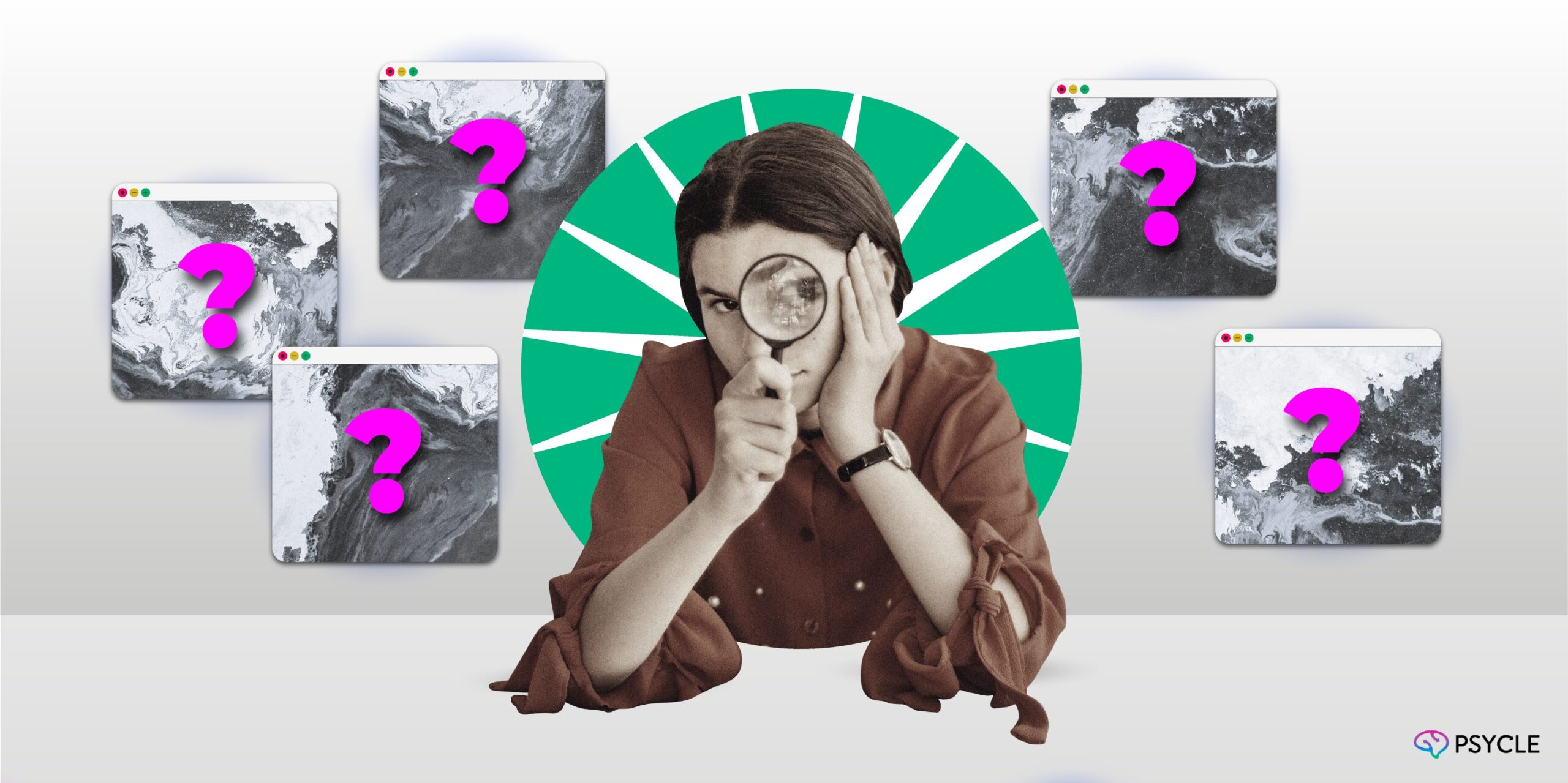 Illustration of a woman staring through a magnifying glass