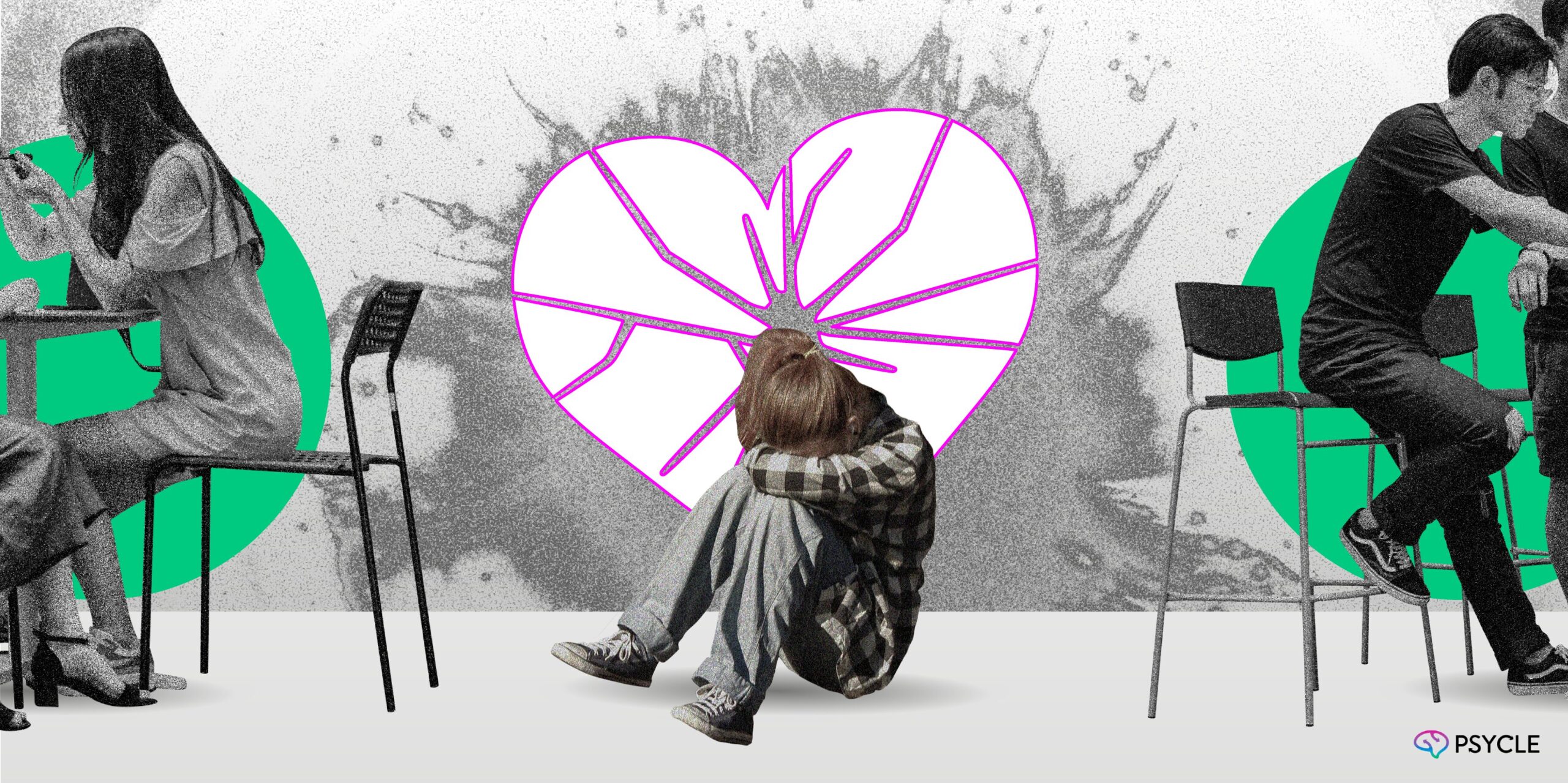 Woman sitting on the floor between 2 chairs with a broken heart behind her.