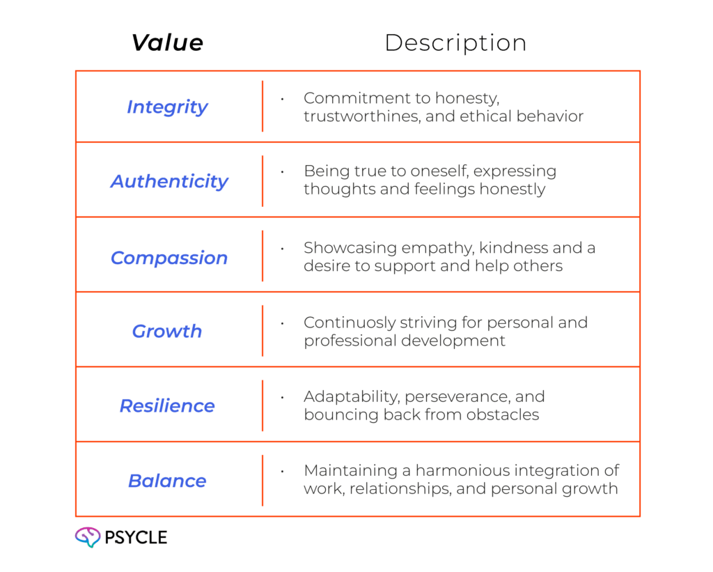 Graphic showing values and their description.