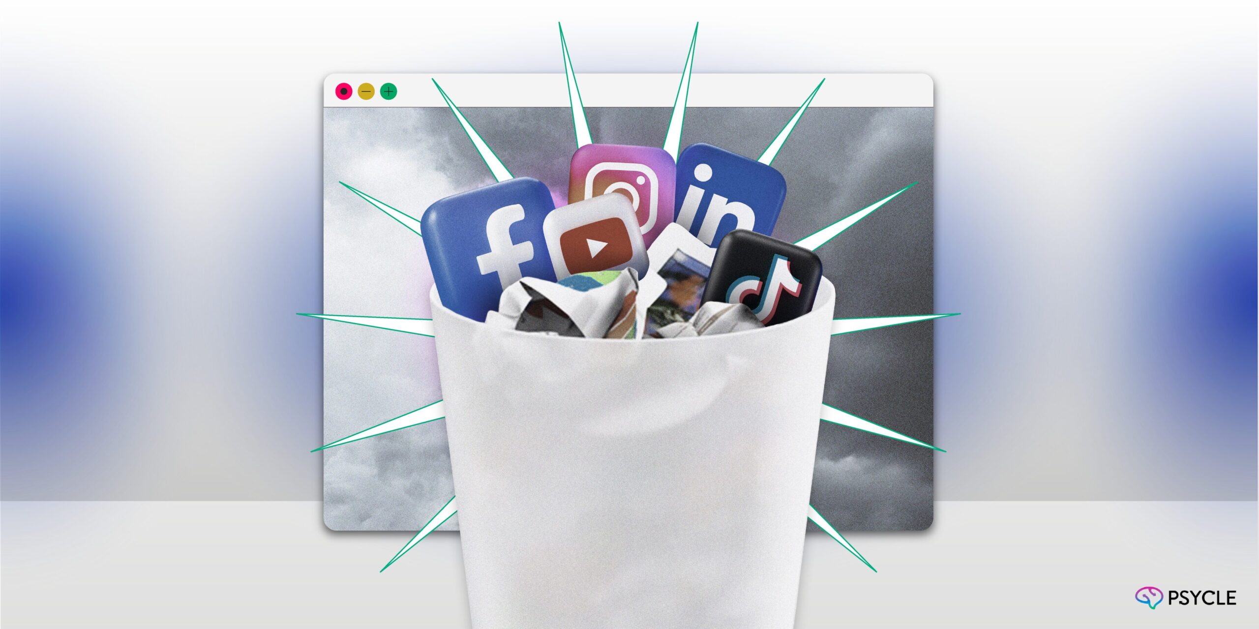 Trash bin with social media logos