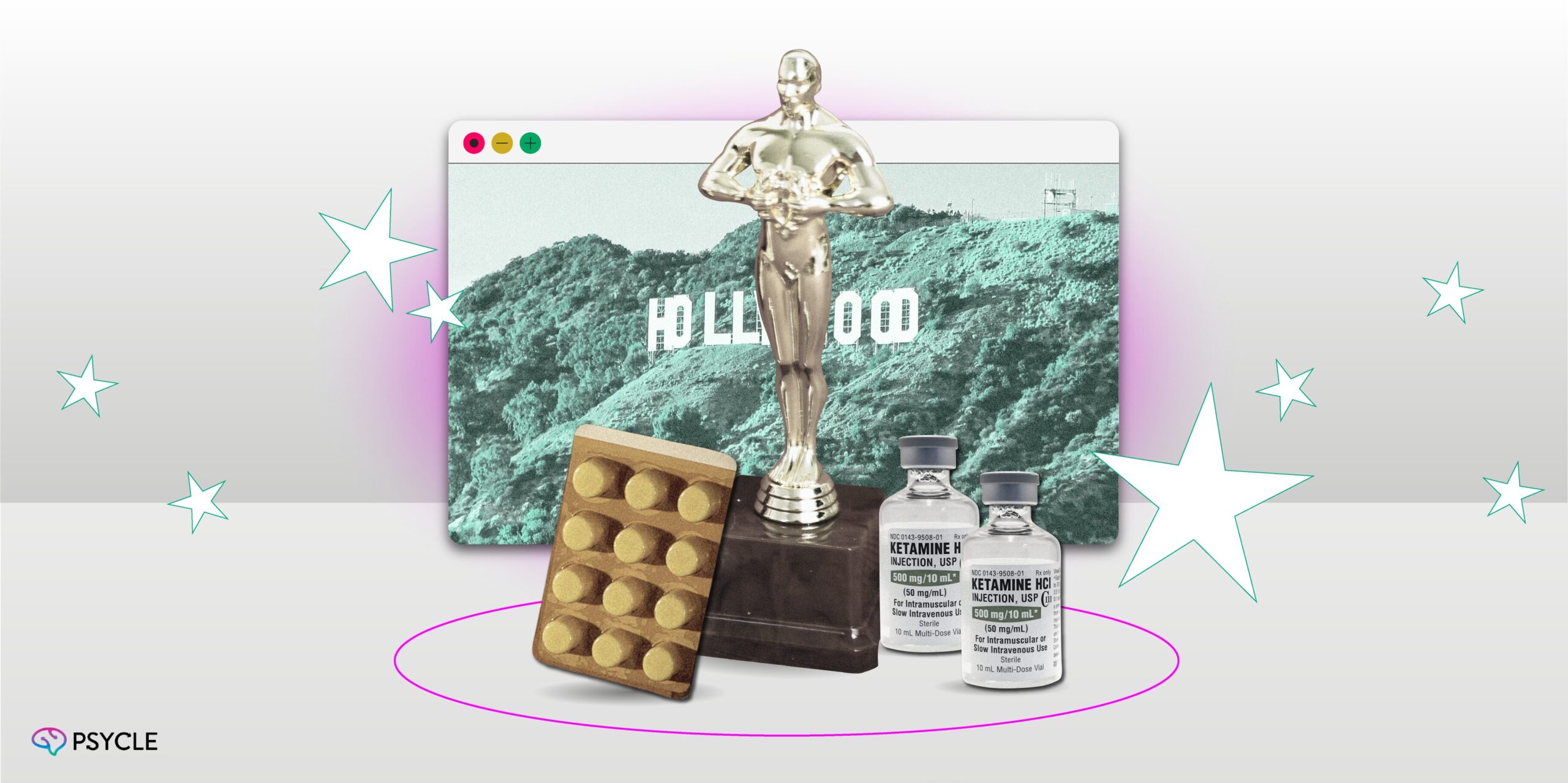 Ketamine pills, vials and an Oscar with Hollywood behind them.